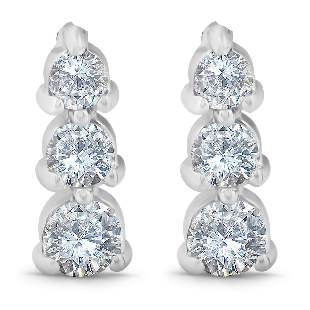 Three Stone Round Diamond Bezel Drop Earrings
